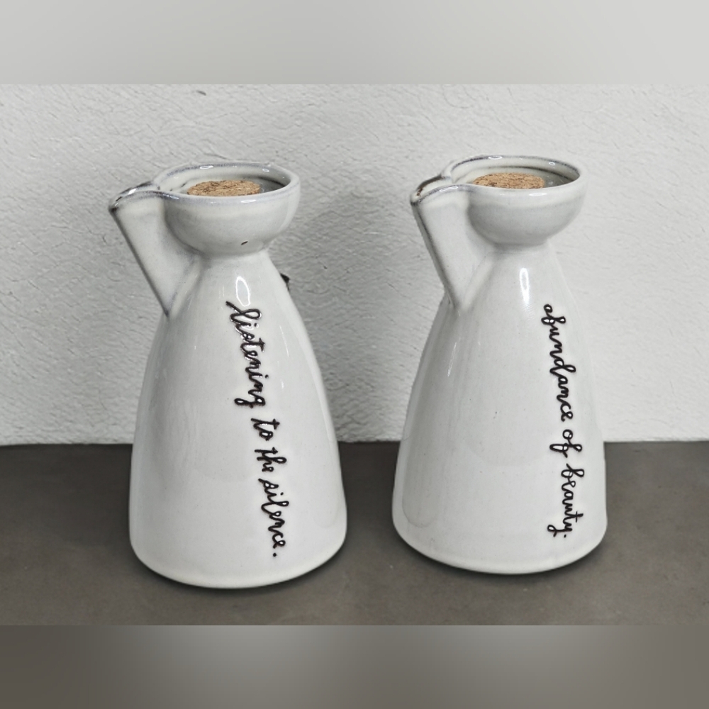 Rae Dunn Clay Ceramic Sentiment Spouted Cruets Oil & Vinegar Set of 2 w/Quotes
